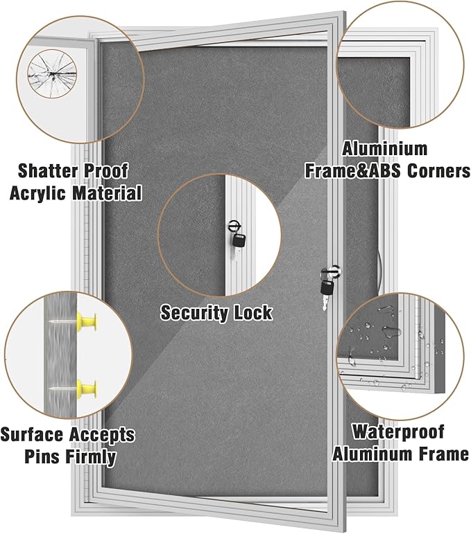 36"x24" Enclosed Bulletin Board, Outdoor Lockable Weather-Resistant Aluminum Cork Noticeboard for School & Office, Silver Frame w/Grey Flet