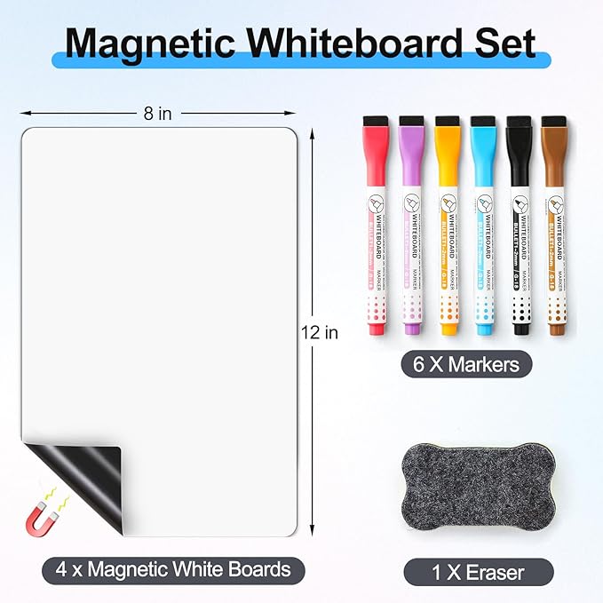 4 PACK Magnetic Dry Erase Board Sheet for Fridge, 12"x8" Erasable Refrigerator WhiteBoard w/ 6 Markers & 1 Eraser- Smooth and Flexible Small Magnet Blank Notepad for Home Kitchen Organizer and Planner