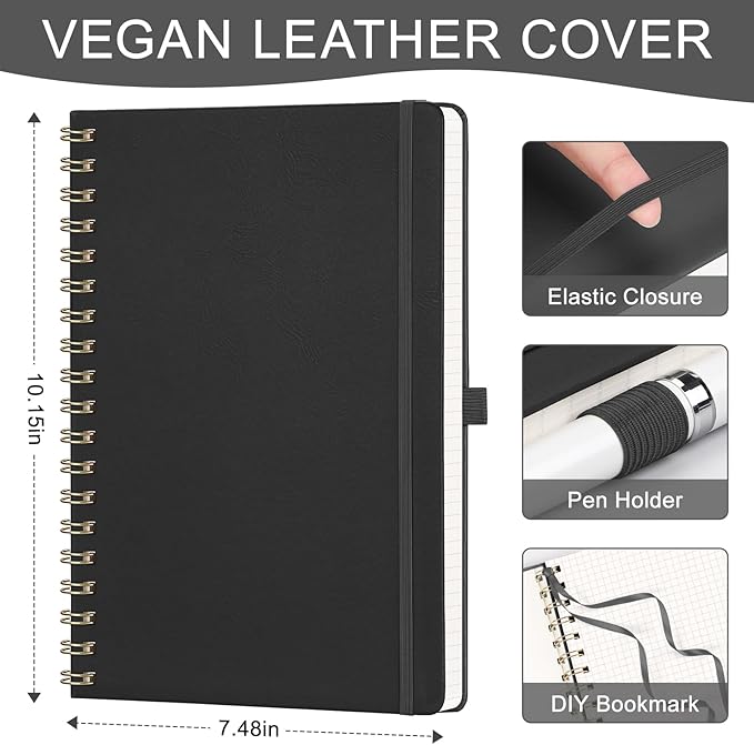 AHGXG Graph Paper Notebook - Spiral Notebook Hardcover Leather Journal 140 Pages, B5 Large Grid Notebook 7.6" x 10", 100 gsm Thick Paper, for School Writing Graphing Engineering Math, Black