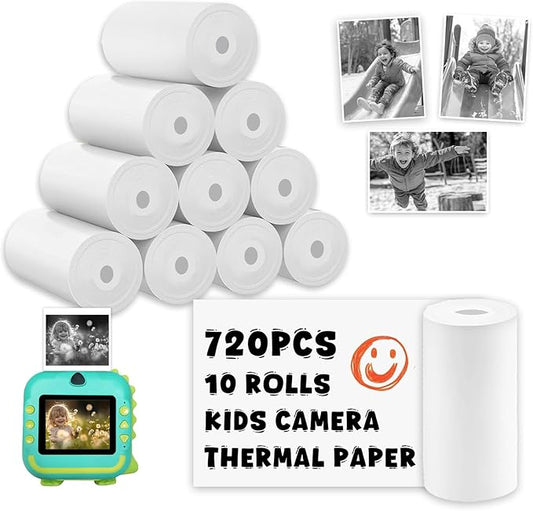 720Pcs Thermal Paper for Kids Camera Instant Print, 57x25mm Instant Print Paper, 10 Rolls Kids Camera Instant Print Paper Compatible with Most Instant Print Cameras for Kids(72 Pcs/Roll)