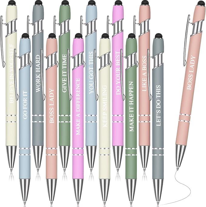 Zonon 12 Pieces Inspirational Pens Bulk Easter Basket Stuffers Motivational Quotes Ballpoint Pens with Stylus Tip Inspirational Gifts for School Office Teachers(Morandi,Boss Lady)