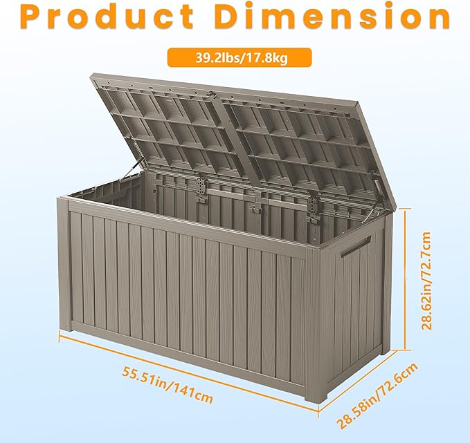200 Gallon Resin Deck Box, Waterproof Outdoor Storage Bin for Patio Furniture, Pool Accessories, and Garden Tools, Lockable & UV-Resistant, Grey