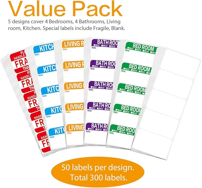 300 Count 3.5 x 2 Large Home Moving Packing Box Labels for 3-4 Bedroom House with Writable Notes Areas, 6 Color Coded Moving Labels for Boxes + Fragile Moving Stickers