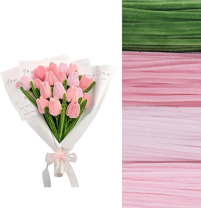 400 Pcs Craft Pipe Cleaners Flowers,4 Colors Chenille Stems Bulk with Floral Wires,Tape,Greeting Card,Bouquet Paper,Hot Glue Stick,Stamen & Ribbon, Holiday Gifts for Women,Men,Teens,Elder