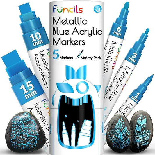 5 Metallic Acrylic Blue Paint Pen - Extra Fine Tip, Thin & Jumbo (1mm, 3mm, 6mm, 10mm, 15mm) - Blue Paint Markers for Metal, Fabric, Plastic, Canvas, Wood, Rock Painting, Glass, Permanent Marker