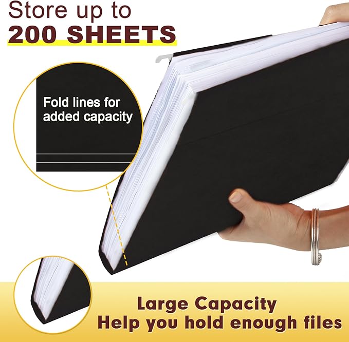 HERKKA Hanging File Folders, 60 Pack Reinforced Letter Size Hanging Folders, Designed for Bulky Files, Filing Cabinet, 1/5-Cut Adjustable Tabs (Black)