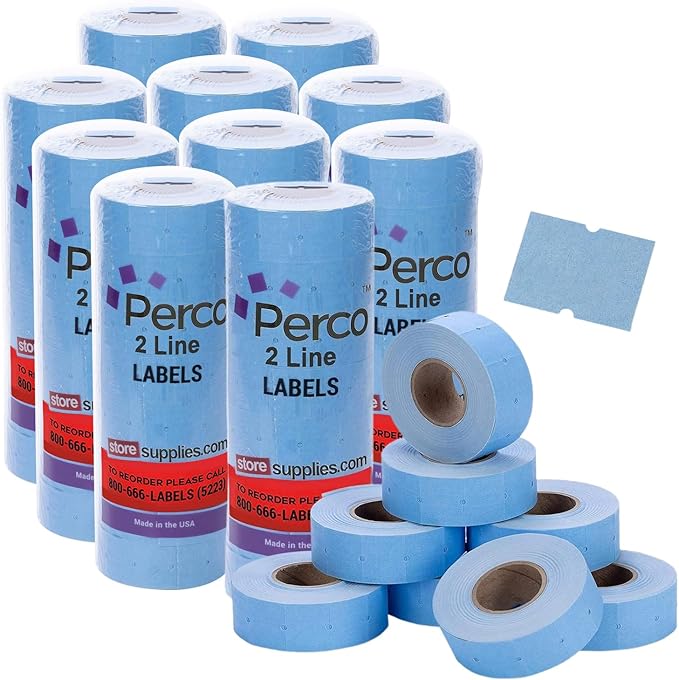 Perco 2 Line Blue Labels - 80 Rolls, 10 Sleeves, 80,000 Blank Price and Date Gun Labels for Perco 2 Line Price and Date Guns - Made in USA