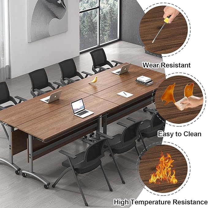Folding Conference Table, Modern Large Conference Room Tables with Flip-Top Design, Foldable Conference Table Meeting Table with Wheels, Mobile Seminar Training Tables for Office Classroom (8, Walnut)