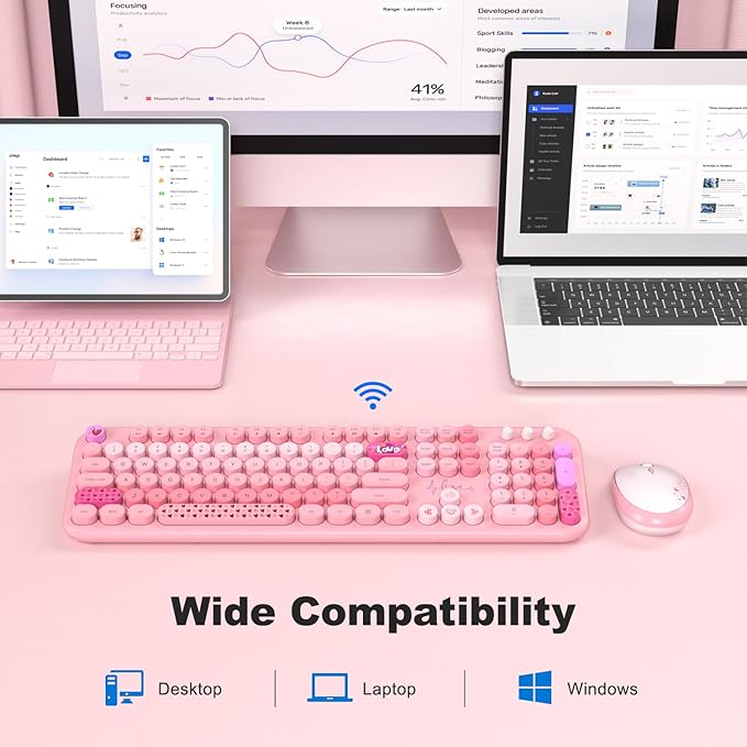 MOFII Wireless Keyboard and Mouse Combo, Full Size 2.4G Plug and Play Typewriter Retro Round Computer Keyboard and Mouse Set for Windows, Computer, Desktop, PC, Notebook - (Pink Colorful)