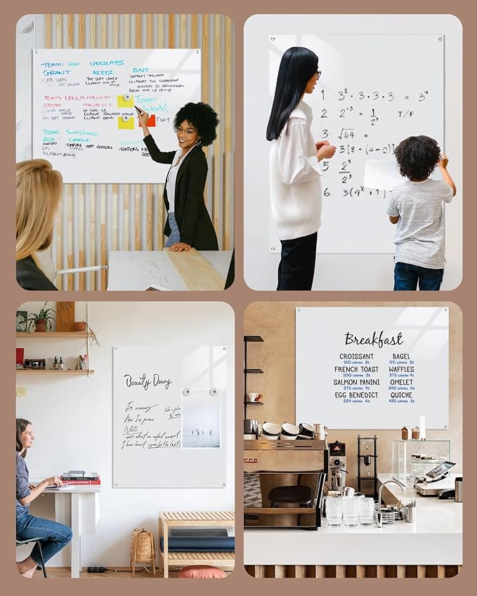 Magnetic Glass Whiteboard，60"x48" Wall Mounted Frameless Dry Erase Board for Office, Home & School Ultra White