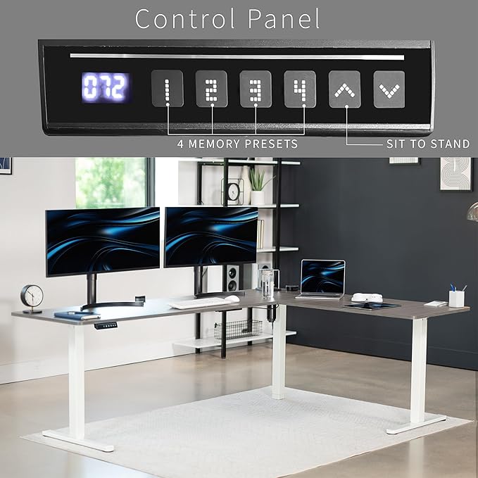 VIVO Electric Corner L-Shaped 84 x 63 in Standing Desk, Memory Height Adjustment, Dark Gray Top White Frame, DESK-E3CTWG-84