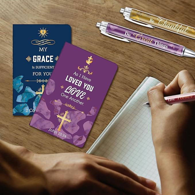 Colarr 24 Pcs Christian Bulk Gifts for Women Men Bible Verse Pens and Notebooks Religious Easter Gifts Scripture Ballpoint Pens Journals Sunday School Church Inspirational Study Supplies(Stone)