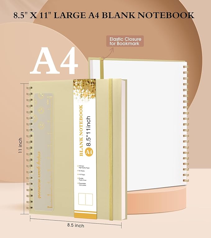 Blank Spiral Notebook Journal 8.5” x 11”, A4 Large Sketch Book for Women Men, 100 GSM Blank Paper Drawing Notebook, Plastic Hardcover Spiral Bound Sketchbook for Sketching Work School Writing, Yellow