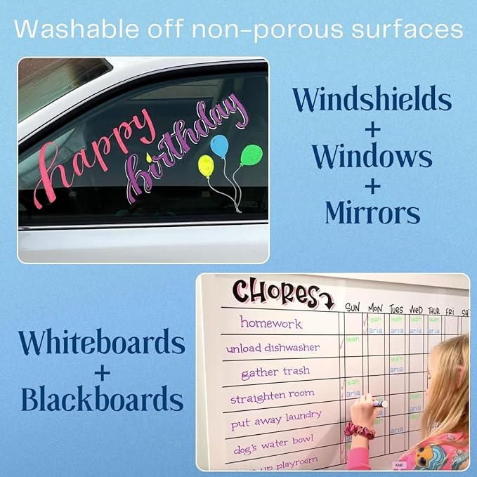 Liquid chalk markers 12 neon erasable Whiteboards, glass boards, chalkboards, windows, mirrors, car windshields, auto, glass. Odorless, non-toxic. Wet or dry erase. Thick and thin tip