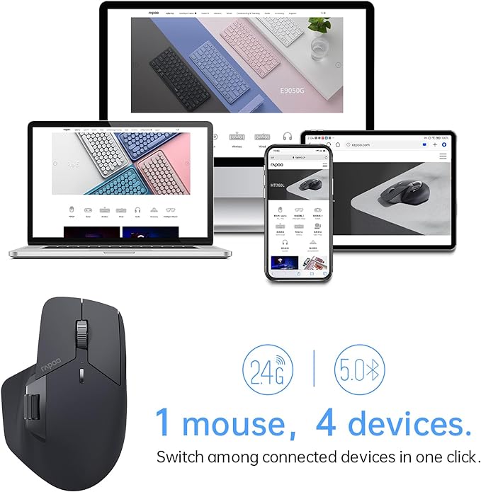 Rapoo MT760 Multi-Device Wireless Mouse, Bluetooth 5.0 and 2.4G Multi-Mode Connection, Up to 4 Devices, 11 Programmable Buttons, 4K DPI, 90 Days Battery Life, PC, Matte Black
