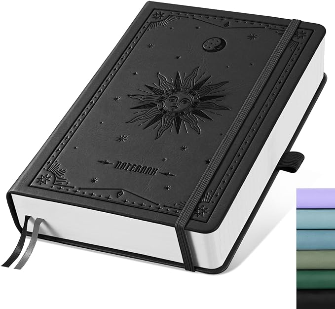 EMSHOI A5 Hardcover Leather Journal - 320 Pages, 100GSM Thick Notebook Lined Journal for Writing Women & Men, College Ruled, Sun Design- Black (5.75" x 8.38")