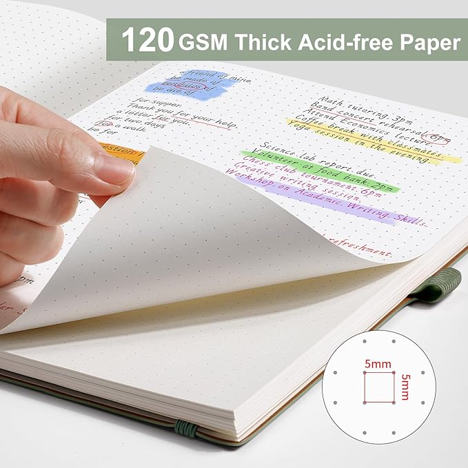AHGXG Bullet Dotted Journal - Dot Grid Notebook Journal, 120 GSM Thick Acid-Free Paper, Large B5 Dotted Notebook 96 Pages, Leather Softcover, Inner Pocket, Journal Stencil, 7.6'' X 10'' - Sage Green