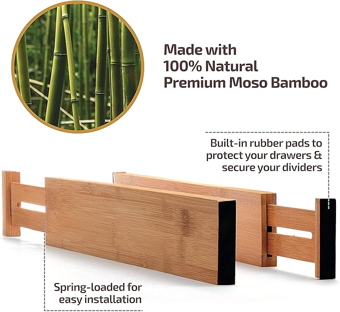 Large Kitchen Drawer Organizer - Expandable Bamboo Drawer Dividers (17" - 21.5") - Adjustable Separators for Kitchen, Clothes, Dresser, Bedroom, Bathroom, and Desk Drawers - 6 Pack