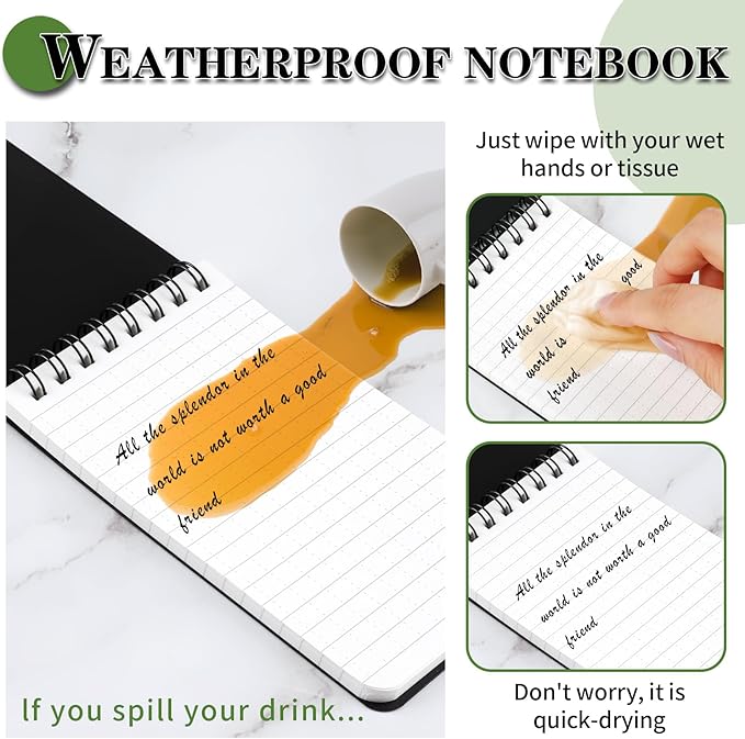 Waterproof Notebook, 4 Pack Top-Spiral Pocket Notepad, 3" x 5" Weatherproof NotePad, All Weather Police Pocket Notebook Little Memo Steno Note Pads for Outdoor Office School Recording, Black