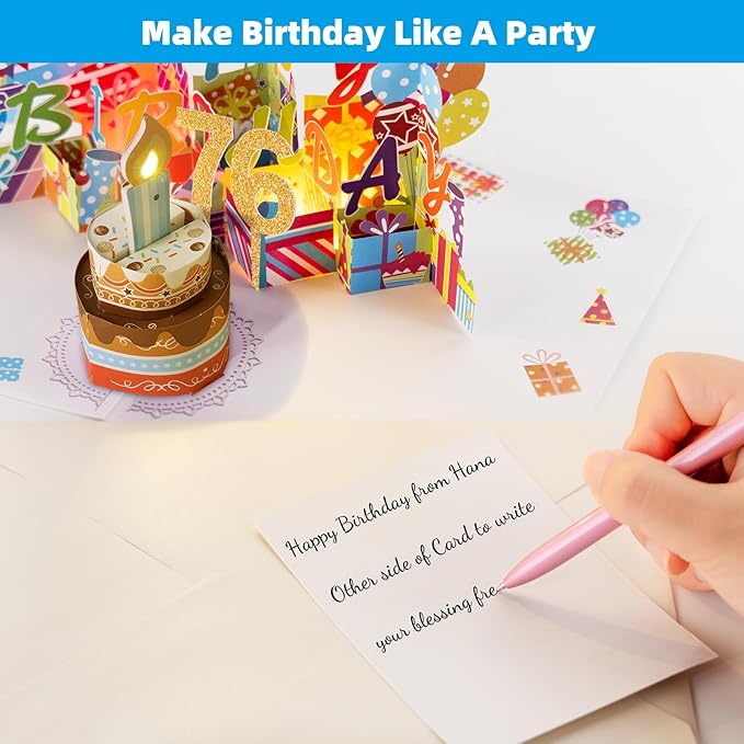 Gumry 76TH Musical Birthday PopUp Card, Blowable Colorful Light Candle 3D Cards with Song, Applause Cheers Sound, Greeting Cards Birthday Gifts Decorations for Women Men Turning 76 Years Old