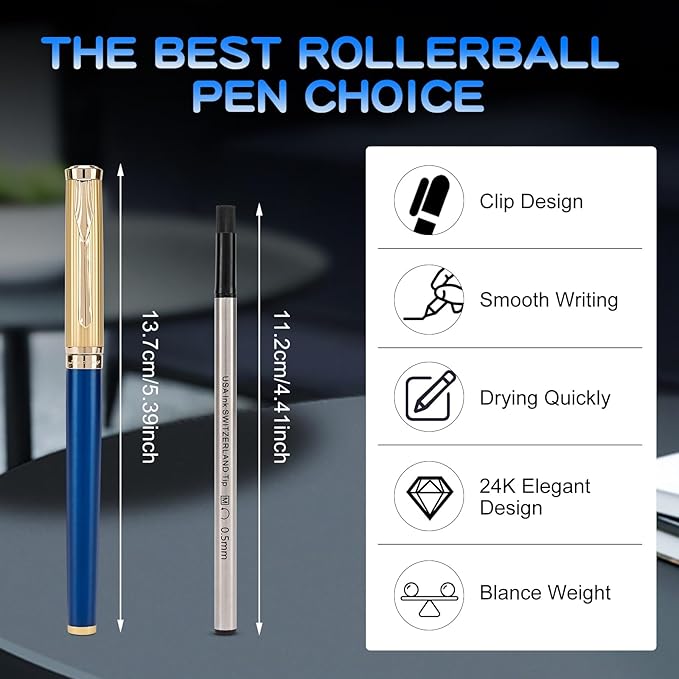 Nice Rollerball Pens with Real 24K Finish- Fancy Roller Ball Point Pens for Writing Journaling Note Taking Signature, Luxury Pen for Men Women Writers Christmas Graduation Gifts