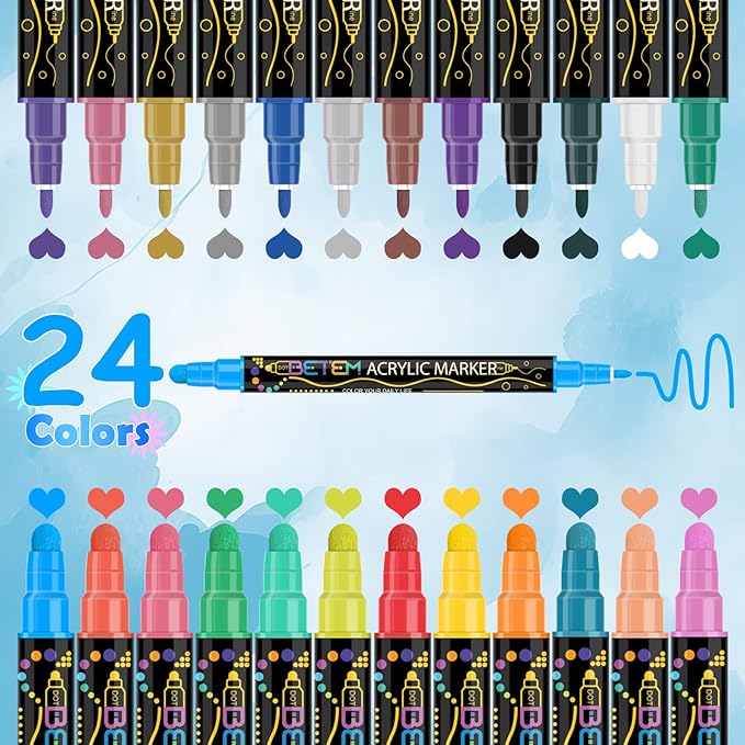 Betem 24 Colors Dual Tip Acrylic Paint Pens Markers, Premium Acrylic Paint Pens for Wood, Canvas, Stone, Rock Painting, Glass, Ceramic Surfaces, DIY Crafts Making Art Supplies