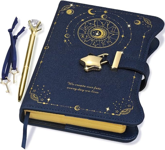 Diary with Lock and Keys for Girls Gift Ideas, 360 Kraft Pages Journal for Women, B6 Refillable Notebook for Writing with Pen and Bookmark (Astro Blue)
