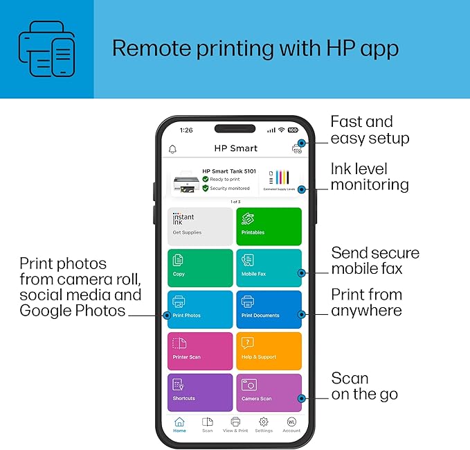 HP Smart Tank 5101 Wireless All-in-One Ink Tank Printer with up to 2 years of ink included (1F3Y0A)