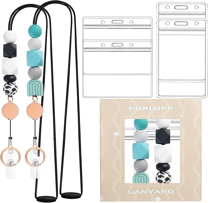 2PCS Retractable Lanyards for ID Badges and Keys, Cute Breakaway Teacher Lanyard with Badge Holders and Reels, Silicone Beaded Lanyard for Women, Nurses, Office with 4 Waterproof Card Holders