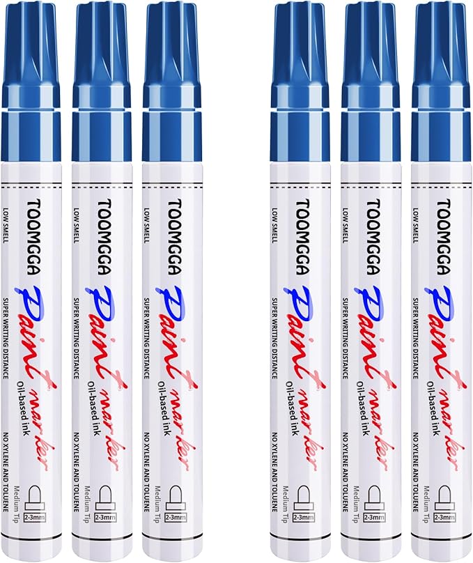 Permanent Paint Pens Blue Paint Markers 6 Pack Oil Based Markers, Quick Drying and Waterproof Marker Pen, Car Tire, Metal, Rock Painting, Wood, Plastic, Canvas, Craft Supplies for Adults