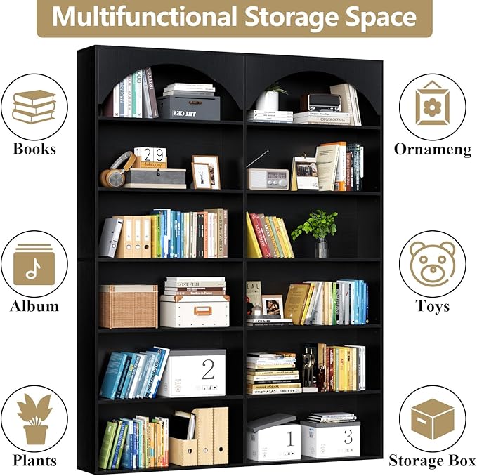 70.8’’ Tall Bookshelf and Bookcase, 7-Tier Double Wide Bookcase Modern Large Open Display Shelves with Curved Baffle for Home Office Living Room (Black)