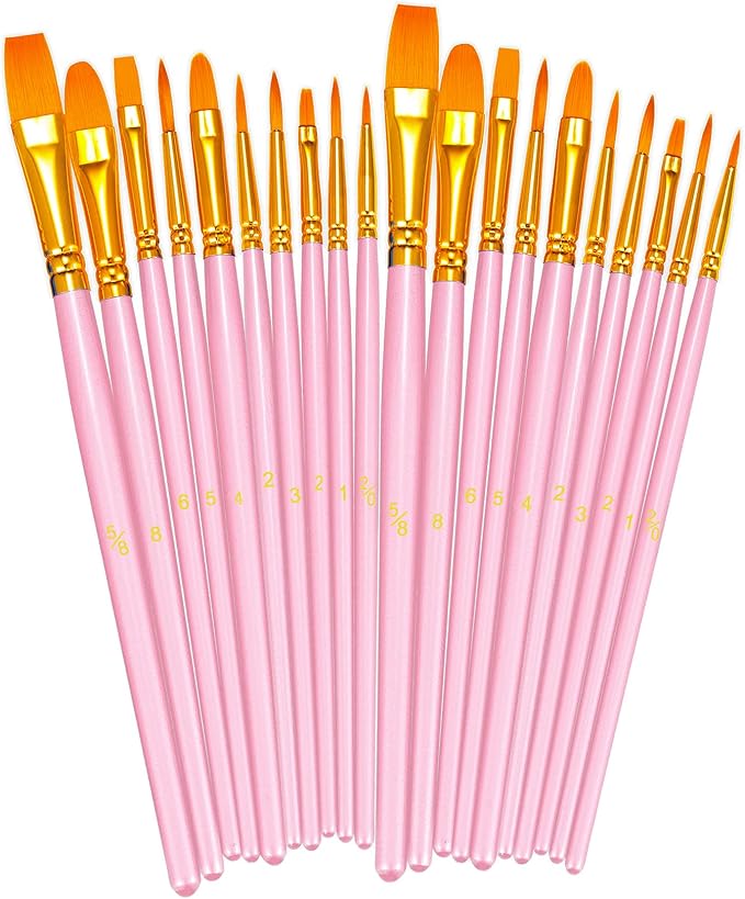 BOSOBO Paint Brushes Set, 2 Pack 20 Pcs Round Pointed Tip Nylon Hair Artist Acrylic Paint Brushes for Acrylic Oil Watercolor, Face Nail Art, Miniature Detailing & Rock Painting, Pink