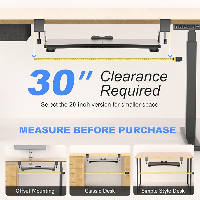 suptek Keyboard Tray Under Desk Pull Out with C Clamp Mount, Computer Keyboard & Mouse Tray, 25.6 (30 Including Clamps) x 11.8 inch Slide-Out Platform Computer Drawer for Typing, Black, DSF1
