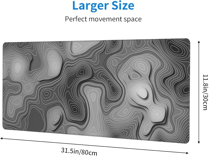 3D Topographic Map Mouse Pad Grey White Gaming Mouse Pad XL Mouse Pad Large Desk Pad Non-Slip Rubber Base Keyboard Mouse Mat with Stitched Edges for Home Office Work