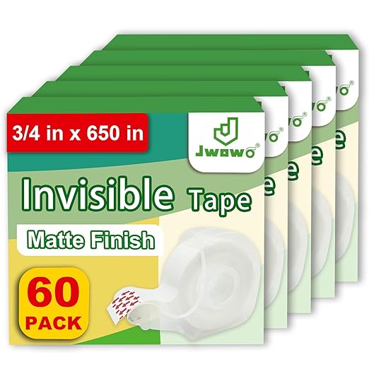 Invisible Tape with Dispenser, Home Office Supplies and Back to School Supplies for College and Classrooms, Matte Finish, 3/4 in x 650 in, 60 Pack