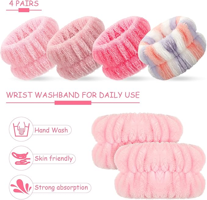 Chuangdi 4 Pairs Wrist Bands for Washing Face Wrist Spa Microfiber Wash Towel Band Scrunchies Absorbent Wristbands Sweatband for Women Prevent Liquid from Spilling