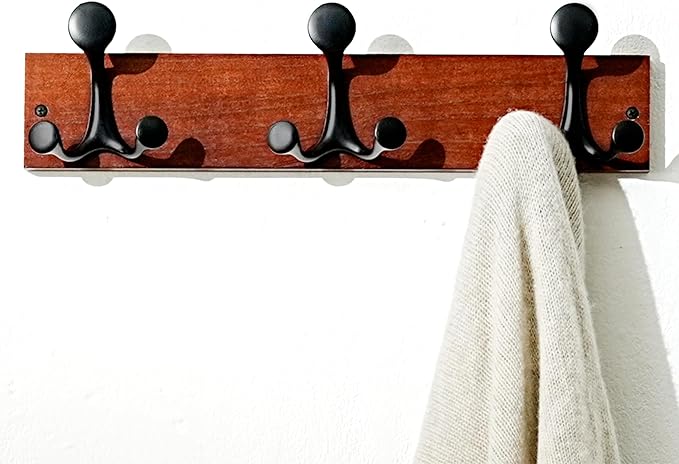 SKOLOO 17-Inch Cherry Wood Coat Rack Wall Mount with 3 Triple Hooks - Ideal for Family Entrances, Classrooms, and Pet Supplies Storage - Perfect Coat Hooks for Wall