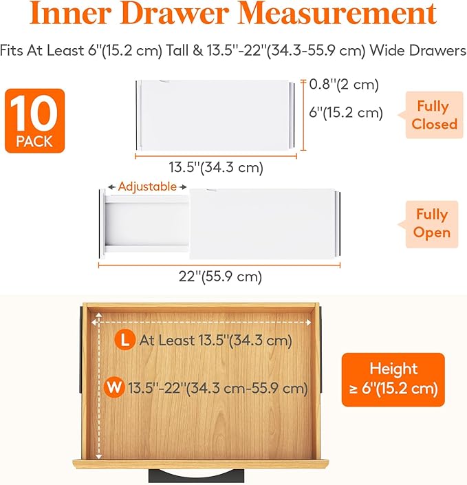 Lifewit 10 Pack Drawer Dividers Plastic 6" High, 13.5-22" Adjustable Drawer Organizers for Clothes, Expandable Dresser Separators in Bedroom/Bathroom/Kitchen/Fridge/Office Organization and Storage