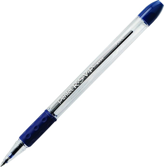 Pentel® R.S.V.P.® Ballpoint Pens, Fine Point, 0.7 mm, Clear Barrel, Blue Ink, Pack of12