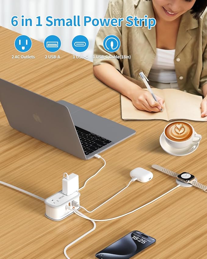 BEVA Travel Power Strip, Flat Plug Power Strip with Retractable USB C Cable, 5 FT Short Extension Cord with 2 AC Outlets 3 USB Ports(1 USB C), Small Portable Travel Accessories, Cruise Ship Essentials