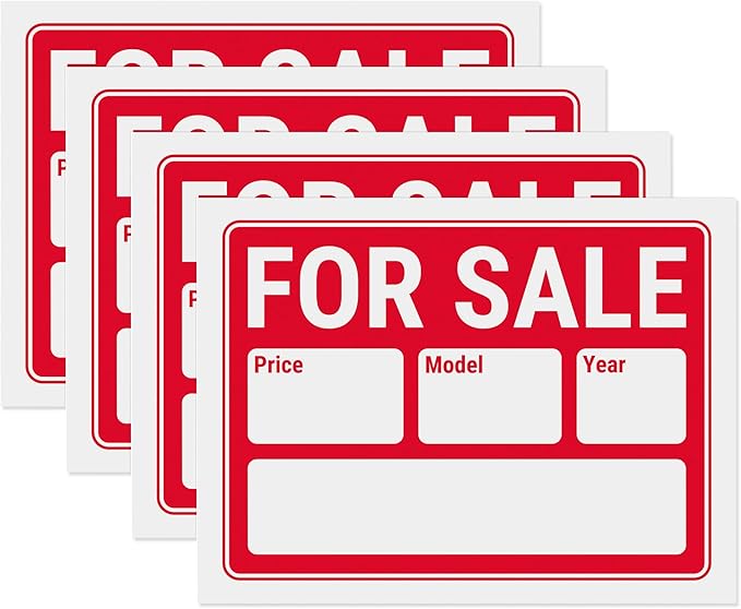 For Sale Signs 12x9, Plastic Signs for Used Car, Trailer, Vehicle for Sale with Year and Model, Waterproof Plastic (Pack of 4)