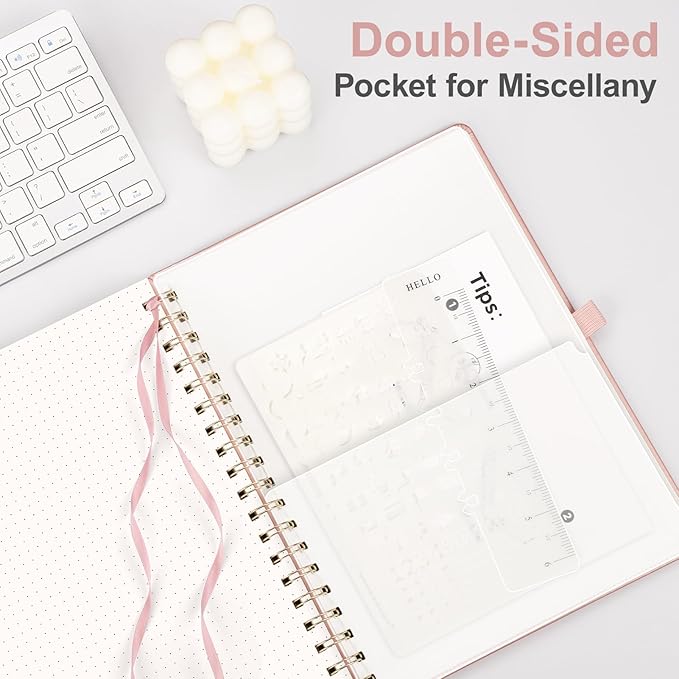 AHGXG Bullet Dotted Journal, Large B5 Spiral Notebook Dotted Notebook 140 Pages, Leather Hardcover, 100 GSM Thick Dot Grid Paper, Inner Pocket, for Bullet Journaling, 7.6" x 10", Rose Gold