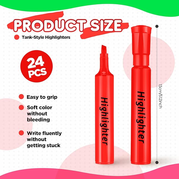 Qilery 24 Pack Tank Style Highlighters Chisel Tip Highlighters Bulk Colored Markers for Adult Coloring, Home Office Supplie(Red)
