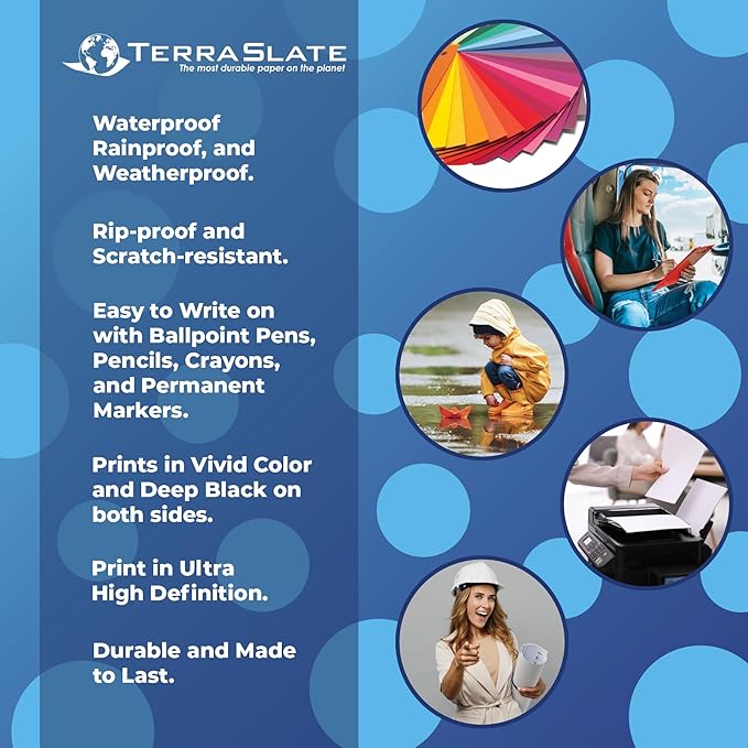 TerraSlate Copy Paper Waterproof Laser Printer, Rain Weatherproof, 5 Mil, 8.5x11-inch, 500 Sheets