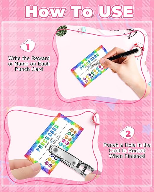 UCEC 200 Pieces Punch Cards for Classroom with Circle Hole Puncher, Incentive Loyalty Reward Card with Handheld Single Punch Kit to Behavior for Business Home Classroom School Kids Students Teachers