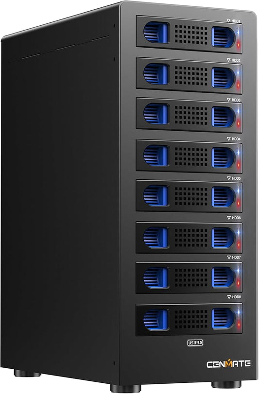8 Bay Hard Drive Enclosure with Cooling Fan for 2.5/3.5" SATA HDD/SSD with USB A/C 3.0 Cable, 3.5 Hard Drive Enclosure Supports 160TB Capacity, Tool-Free HDD Enclosure, DAS(NO RAID/NAS)