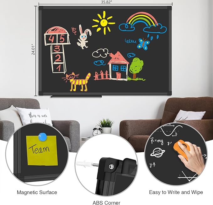 XBoard Magnetic Chalkboard Blackboard 36 x 24, Black Board with 2 Magnets, Black Aluminium Frame, Pin Collections
