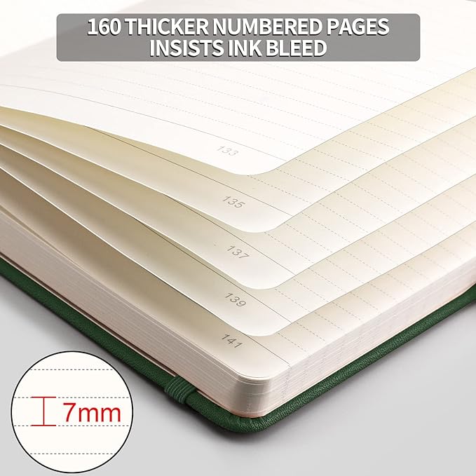 AHGXG Lined Journal Notebook - 320 Numbered Pages Thick Journal for Writing A5 College Ruled Notebook, 100gsm Lined Paper, Leather Hardcover, for Women Men Work Office School, 5.75'' X 8.38''-Green