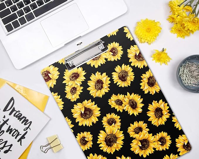 WAVEYU Clipboard, Cute Clipboard for Office, Decorative Clipboard with Low Profile Clip Design for Women Girl, Retractable Key Hole for Hanging Paperboard for Office School 12.5''x 9'', Sunflower