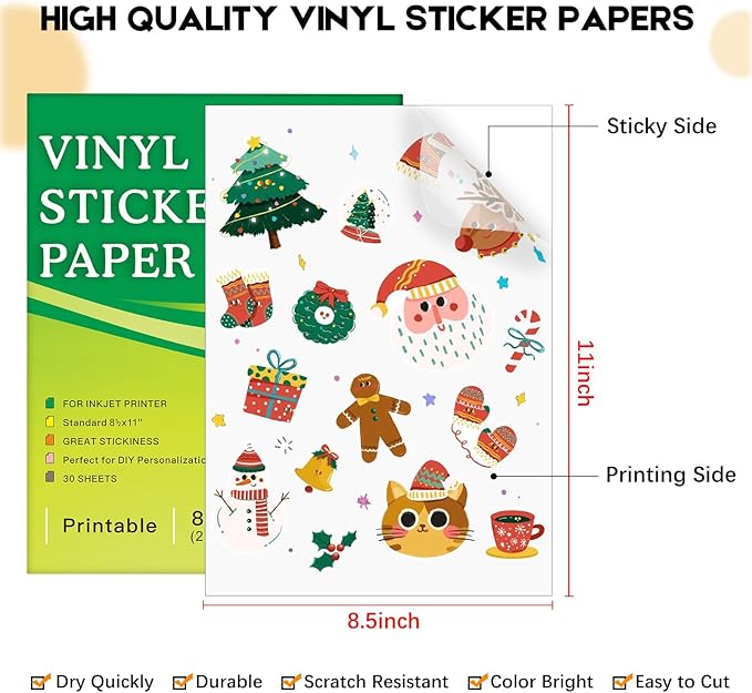30 Sheets Printable Clear Sticker Paper for Inkjet Printer, Premium Vinyl Transparent Sticker Paper Waterproof, Dries Quickly, Vivid Colors, Tear Resistant, 8.5x11" Labels Great for Cutting Machines